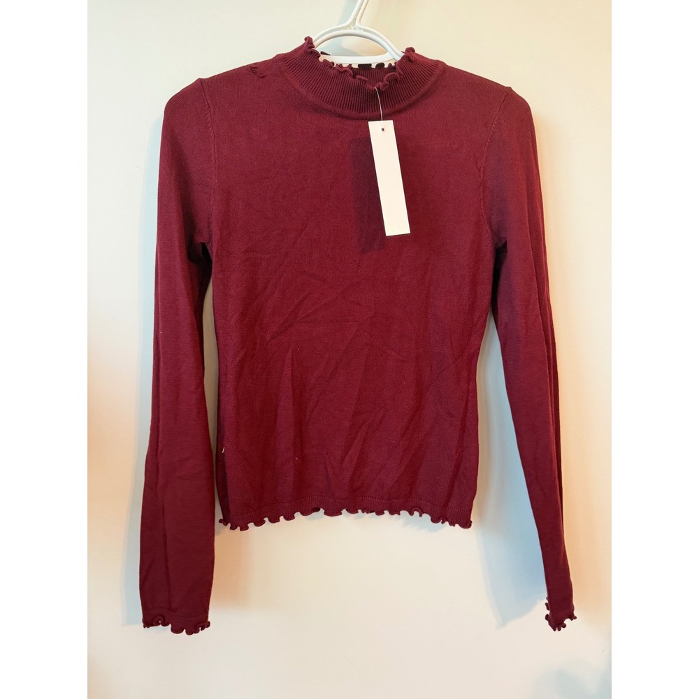 The Work Shop Burgundy Mock Neck Lettuce Edge Long Sleeve Knit Top Large
